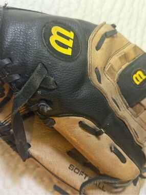 Wilsons Leather Black and Tan Softball Glove with Yellow Logo